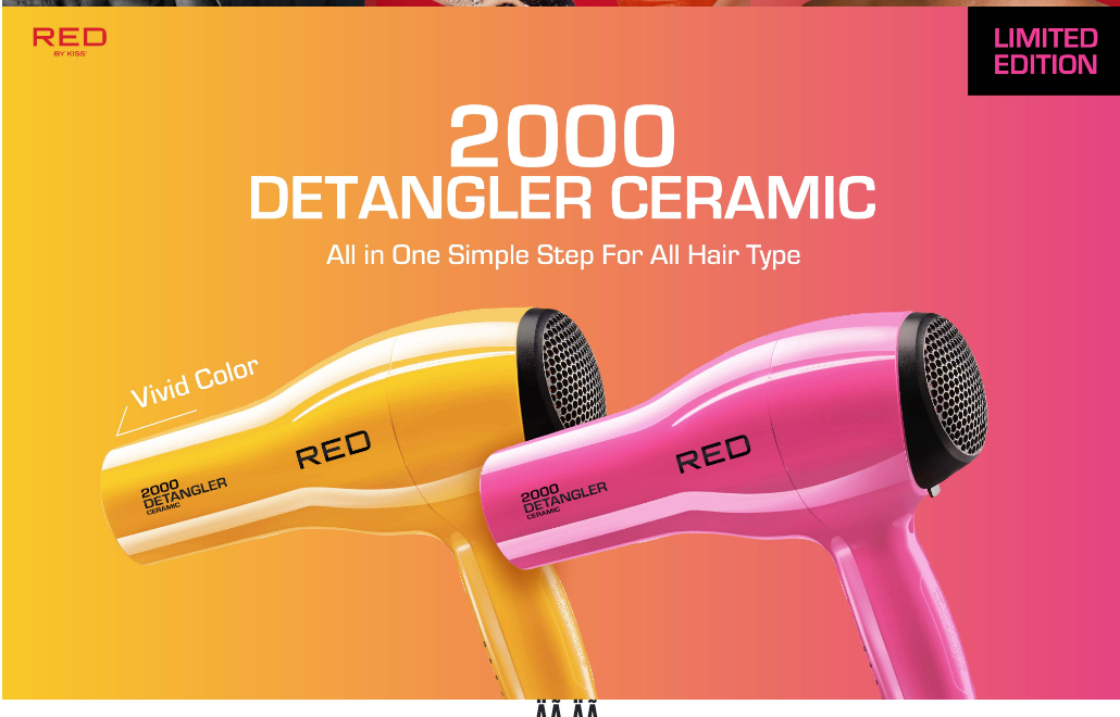 Red by Kiss 2000 Ceramic Salon Blow Dryer with 3 Detangler Bonus Attachments